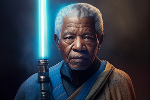 Beder man billedgeneratoren Midjourney om at få et foto af Nelson Mandela med et lyssværd, bliver resultatet nu næsten fotorealistisk. Foto: Midjourney
