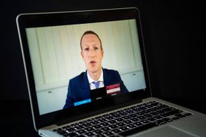Facebook's Mark Zuckerberg testifies remotely before the House Judiciary Committee as seen via YouTube on a laptop in Washington, D.C., on July 29, 2020. Washington Post photo by Carolyn Van Houten