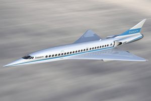 Det er et overlyds fly i stil med dette som Richard Branson og Denver start-up selskabet Boom forventer at have klar til testflyvning i 2017. Det skal kunne flyve fra New York til London på 3,5 timer - og skal være 10 pct. hurtigere end den hedengangne Concorde. Foto: Computer animation fra Boom. 