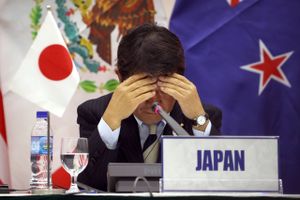 Nemt er der ikke: Japans økonomiminister, Toshimitsu Motegi, ser ned i bordet under TPP-forhandlingerne i Vietnam. Foto: AP Photo/Mark Schiefelbein
