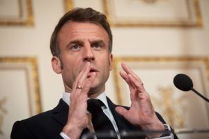 Emmanuel Macron, France's president, during a joint news conference with Mark Rutte, Netherlands' prime minister, not pictured, in Amsterdam, Netherlands, on Wednesday, April 12, 2023. Macron is seeking to dispel the image that he won't stand up to China over Taiwan after his call for Europe to avoid getting dragged into a conflict between Beijing and Washington sparked a backlash among allies. Bloomberg photo by Peter Boer