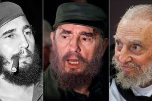Billedcollagen viser fra venstre Fidel Castroi færd med at ryge en cigar i Havana 1961. I midten taler han med pressen i april 2000, mens det sidste er taget i hans hjem i Havana i februar i år. Fotos: AP