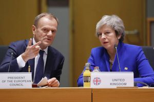 Europarådets formand Donald Tusk og Storbritanniens premierminister Theresa May. Foto: Olivier Hoslet/AP