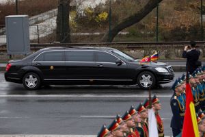 North Korean leader Kim Jong Un's limousine arrives for a wreath-laying ceremony in Vladivostok, Russia, Friday, April 26, 2019. German automaker Daimler, which makes armored limousines used by North Korean leader Kim Jong Un, says it has no idea where he got them and has no business dealings with the North. (AP Photo/Alexander Khitrov)