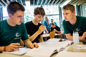 Mikkel Goldschmidt (t.v.), Karl Mose og Axel Pontoppidan (t.h.) er ved at løse matematikopgaver på UNF’s Matematik Camp i København. Foto: Stine Bidstrup