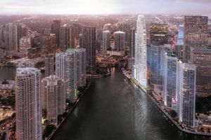 Aston Martin Residences ved havnefronten i Miami kommer til at ligne et sejl, og de dyreste ejerlejligheder skal sælges for op mod 50 mio. dollars. Fotoanimation: Aston Martin Residences.