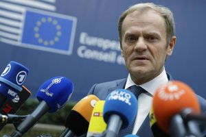 FILE - In this file photo dated Thursday, Oct. 20, 2016, European Council President Donald Tusk talks to the media as he arrives for the first day of the EU Summit in Brussels, Belgium. German deputy foreign minister Michael Roth Tuesday March 7, 2017, is calling for European Union countries to rally behind Donald Tusk as the former Polish prime minister Tusk seeks a second term in one of the bloc's top positions. (AP Photo/Alastair Grant, FILE)