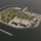 Politikerne har besluttet, at energiøen i Nordsøen skal være en kunstig inddæmmet ø, der skal omringes af havvindmøller. Her er en illustration fra konsortiet Vindø på en mulig løsning. Modelfoto: PR Vindø