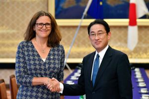 EU's handelskommissær Cecilia Malmström og Japans udenrigsminister Fumio Kishida hilser på hinanden før den sidste forhandlingsrunde om den europæisk-japanske frihandelsaftale. Foto: AP/Franck Robichon