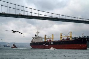 Det tyrkiske skib Yasa Jupiter blev som det første handelsskib ramt af et missil ud for Odessa, der har Ukraines største havn. Foto: Yasin Akgul/AFP/Ritzau Scanpix