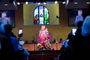 Presidential candidate Hillary Clinton speaks to Californians at Greater St. Paul Baptist Church in Oakland, Calif., on Sunday morning. 