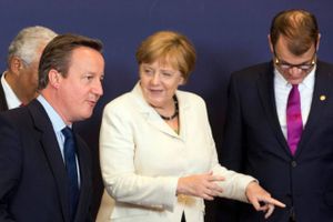Som de andre EU-statsledere står Tysklands kansler, Angela Merkel, fast på, at den frie bevægelighed også gælder arbejdskraften. Måske er det det, hun her forklarer David Cameron på EU-topmødet. Foto: Geoffroy Van der Hasselt/AP
