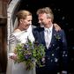 Brudeparret foran kirken efter vielsen mellem Statsminister Mette Frederiksen og filmfotograf Bo Tengberg i Magleby Kirke på Sjælland. Foto: Mads Claus Rasmussen/Ritzau Scanpix