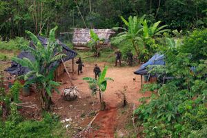 Colombianske soldater bevogter en beboelse i nærheden af en kokamark. I et forsøg på at stoppe produktionen til narkoindustrien har myndighederne kørt et program, hvor man har betalt bønder for at rydde markerne.