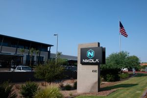 Signage is displayed outside Nikola Corp. headquarters in Phoenix, Arizona, U.S., on Tuesday, Sept. 15, 2020. Nikola Corp. shares fell as much as 10.4%, resuming its decline as investors reacted to word of a U.S. Securities and Exchange Commission investigation into allegations it deceived investors about its prospects. Bloomberg photo by Ash Ponders