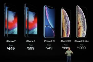 Phil Schiller, Apples senior vicepræsident for marketing, viser priserne på en række iPhones, da de nye modeller blev præsenteret. Foto: Marcio Jose Sanchez/AP