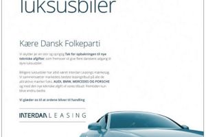 I helsidesannoncer i flere af landets aviser roser Interdan Leasing et forslag fra Dansk Folkeparti om at omlægge registreringsafgiften. Screenshot.