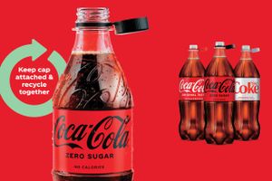 Coca-Cola med sine nye flasker i Storbritannine, hvor kapslen bliver siddende efter åbning, så den ikke smides i naturen. Foto: Coca-Cola UK.