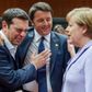 Den græske premierminister Alexis Tsipras, den italienske premierminister Matteo Renzi og Tysklands kansler Angela Merkel til EU-møde i Bruxelles torsdag den 25. juni 2015.