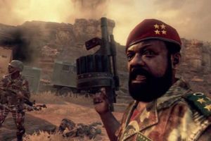 Tre af Jonas Savimbis børn vil have erstatning, fordi deres far – med rød baret, fuldskæg og amerikansk accent – fremstilles som en barbar i computerspillet Call of Duty. Foto fra spillet: Activision Blizzard
