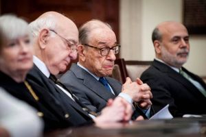 Fire amerikanske centralbankchefer. Fra venstre den nuværende Janet Yellen fulgt af Paul Volcker (1979-87); Alan Greenspan (1987-2006) og Ben Bernanke (2006-14). Foto: Pete Marovich/AP